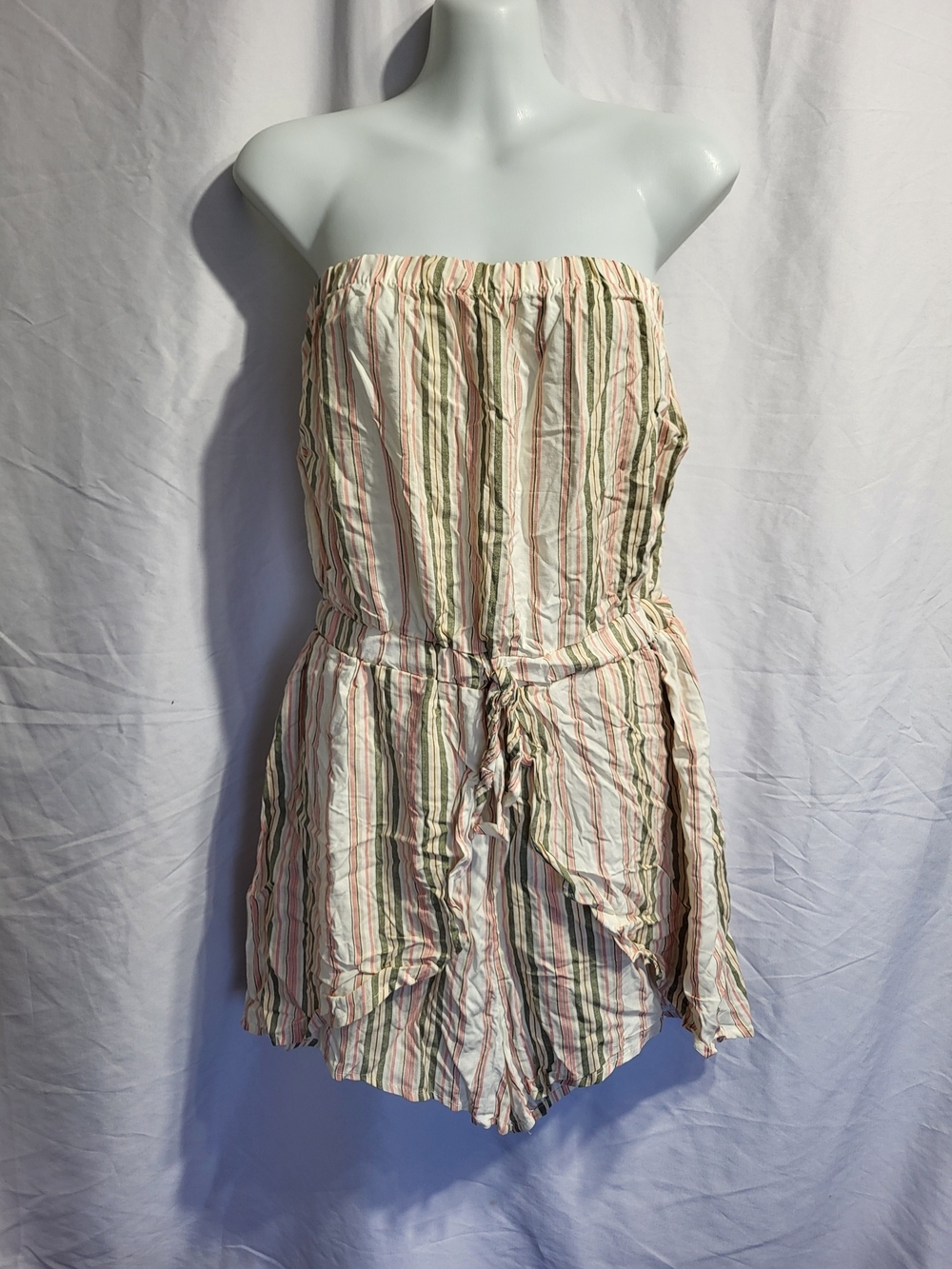Lily Morgan Strapless Striped Romper in Pastel Pink & Olive, Size Medium